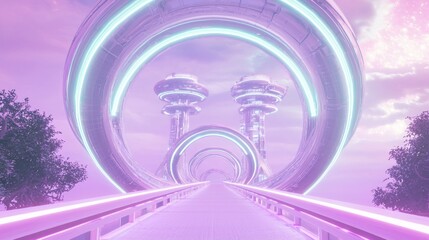 Fototapeta premium Futuristic Towers Connected by Neon Walkway in Dreamlike Orchard Landscape - Ultra-Detailed Sci-fi Dreamscape Concept