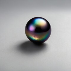 "A lustrous black pearl with iridescent hues, set against a minimalist pure white background."