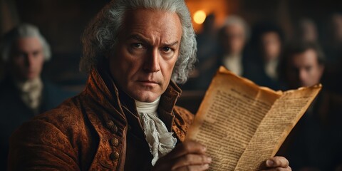 Man reads historical document; colonial setting.