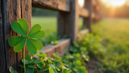 Obraz premium Bright green lucky clover on rustic fence, symbol of luck and St. Patricks Day celebration