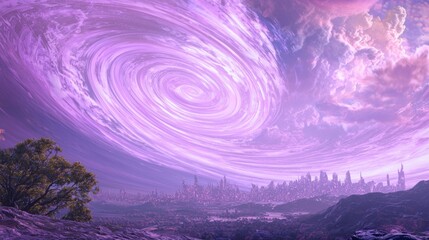 Surreal Cosmic Dust Wave Over Orchard Ridges with Neon City Background - Ultra-Detailed Sci-fi Dreamscape Concept