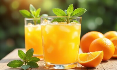 Refreshing orange drinks with mint garnish