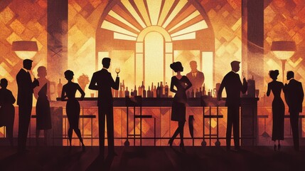 Silhouettes of people at a stylish art deco bar
