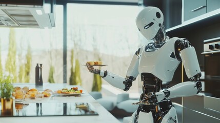 Humanoid robot chef preparing gourmet meals in a modern kitchen with advanced cooking techniques, culinary-focused home environment with distant view of cooking stations and fine dining setup
