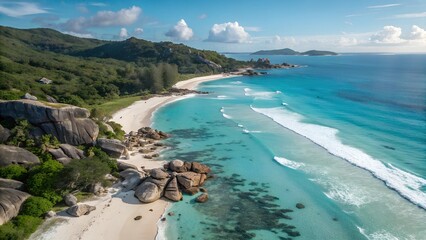 Turquoise seascapes stretch from the sandy shore to the horizon