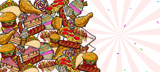 Various food background vector. Hand drawn fast food drawing illustration