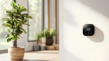Sleek Smart Thermostat Mounted on a White Wall in a Modern Home Providing Efficient Temperature Control
