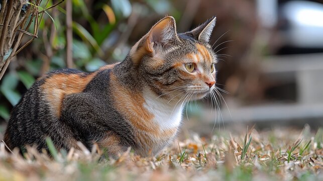 Calico cat sitting in garden, autumn leaves