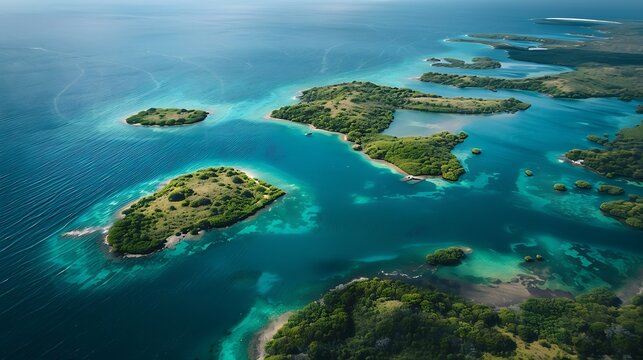 An aerial view of a group of islands forming a natural lagoon, with varying shades of blue and green water.