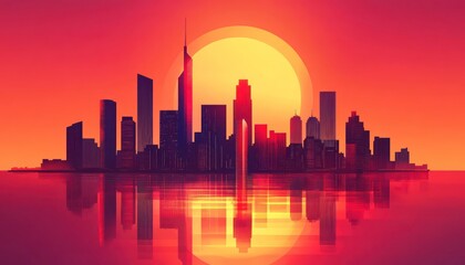 Obraz premium City Skyline Sunset Reflection Vibrant Hues