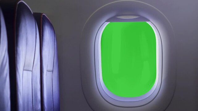 view of airplane window green screen.