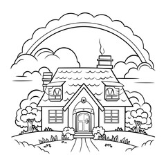 Fototapeta premium Line Art Illustration of a House with Rainbow and Clouds