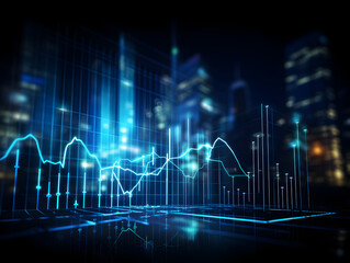 Glowing Blue Stock Market Graph Showing Growth Trend Over a Modern Cityscape at Night


