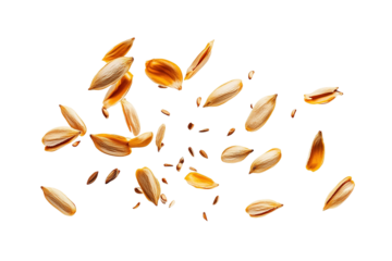 A bunch of almonds are flying through the air. ,on transparent background.