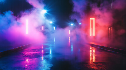 A neon light show with a purple and blue light in the middle. The lights are on a wet floor visualization showcasing a vintage wet asphalt street, bathed in vibrant neon lights and surrounded 