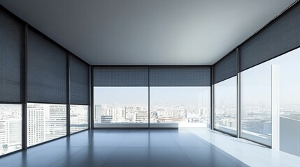 Modern room panoramic city view sunlight blinds