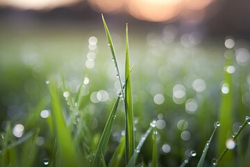 Fototapeta premium A macro photo of fresh green grass with dewdrops
