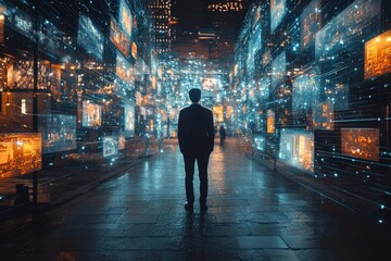 Man in immersive digital environment surrounded by glowing screens and technology
