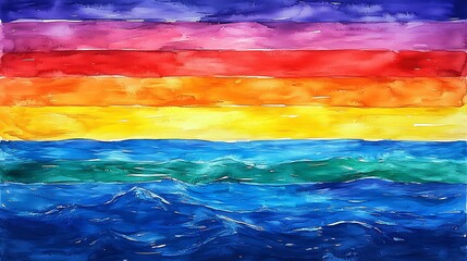 Rainbow landscape, ocean, mountains, art