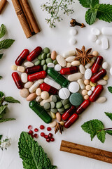 A creative heart-shaped arrangement of various pills and capsules surrounded by spices like cinnamon, star anise, and mint leaves. A symbolic representation of health, wellness, and natural medicine. 