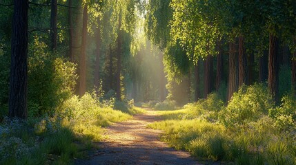 Fototapeta premium Soft sunlight breaks through the dense canopy of trees, illuminating a serene forest path. Lush greenery and wildflowers frame the trail, creating a tranquil atmosphere