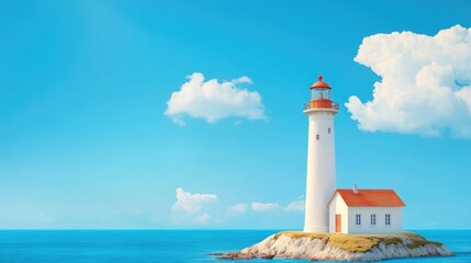 Fototapeta premium Coastal lighthouse on sunny day, ocean view, travel