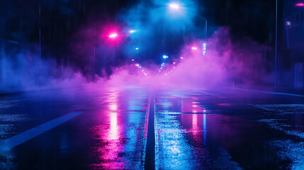 Naklejka premium A neon light show with a purple and blue light in the middle. The lights are on a wet floor visualization showcasing a vintage wet asphalt street, bathed in vibrant neon lights and surrounded 