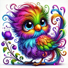 Naklejka premium A colorful, cute bird character with vibrant rainbow plumage, exaggerated and messy feathers and wide, expressive eyes, on an isolated white background for prints