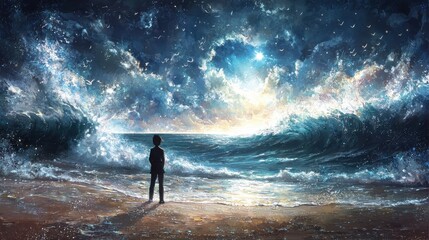 Obraz premium A young child stands on a quiet beach, mesmerized by the powerful waves crashing against the shore. The sky is illuminated with vibrant colors as the sun sets, creating a magical atmosphere