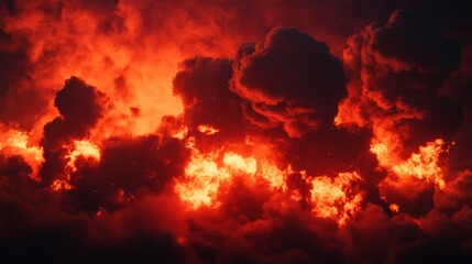 Background with dark smoke clouds in red light after explosion or natural disaster. Abstract banner for military operations, disasters, war games, ads with copy space. Battlefield under attack.
