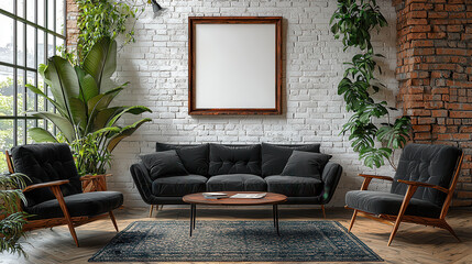 Minimalist Living Room Mockup: A contemporary living room with a black velvet sofa, two matching armchairs, and a wooden coffee table. The room features exposed brick walls, large windows.