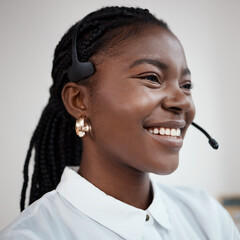 Black woman, headset and telemarketing operator in office, call centre agent and customer service....