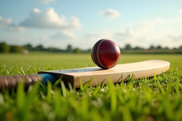 Cricket ball placed on a cricket bat on the green grass of a cricket field
