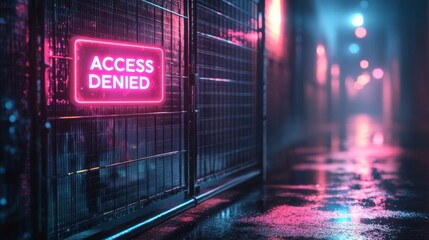 Neon access denied sign on a gate in a dark alley at night