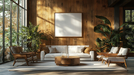 Fototapeta premium Modern Farmhouse Living Room with Mockup: A cozy and inviting living room in a modern farmhouse style, featuring a large window, wooden walls, a white sofa.