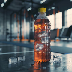 A bottle of sports drink with ice cubes, condensation on the bottle, set against a gym background, energizing and hydrating