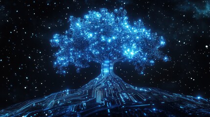 Glowing digital tree in space, network roots