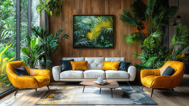 Tropical Chic Living Room:  Embrace a sophisticated yet inviting tropical ambiance with this stylish living room featuring a white sofa, plush yellow armchairs.