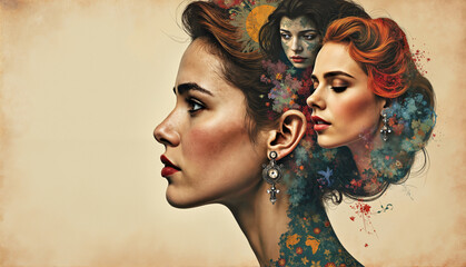 Obraz premium International globe, artistic composite of women's profiles, floral elements, vintage style, copy space