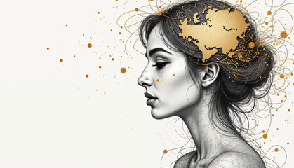 International globe, monochrome woman profile with golden world map, artistic elegance, copy space