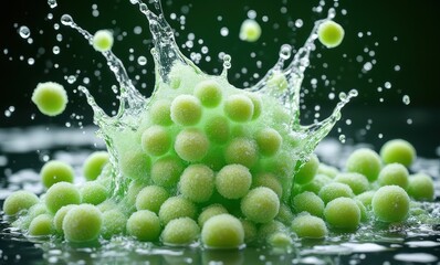 Vibrant green spheres create a splash
