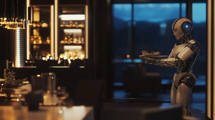 Humanoid robot chef preparing multi-course meals in a gourmet dining area, culinary-focused home environment with distant view of dining table and ambient lighting, Gourmet Dining style