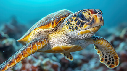 Fototapeta premium Sea Turtle Close-Up: A vibrant sea turtle, showcasing its intricate shell pattern and captivating gaze, gracefully glides through a coral reef, a mesmerizing underwater scene. 