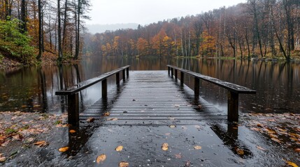 Obraz premium Autumnal lake pier, misty forest reflection, serene landscape, nature photography