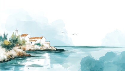 Obraz premium Coastal Village Scene With White Houses And Calm Sea
