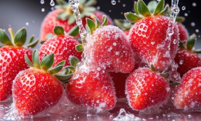 Fresh red strawberries splashed with water