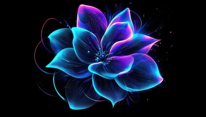 A luminous wireframe flower in vibrant blue and purple hues glowing against a dark black background, showcasing futuristic design.