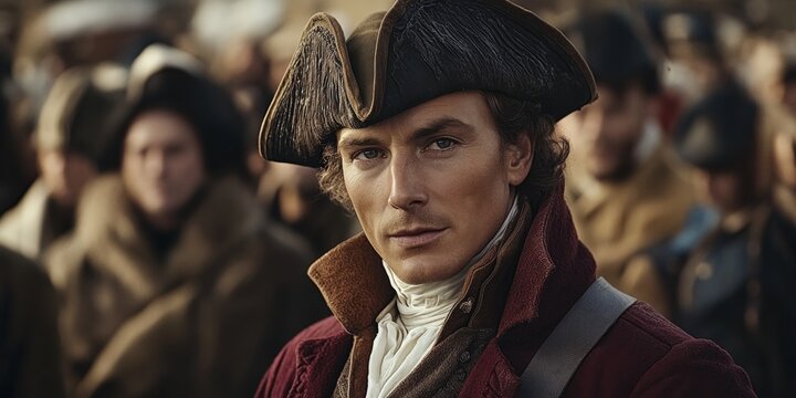 Man in colonial attire, crowd background, historical setting, period drama.