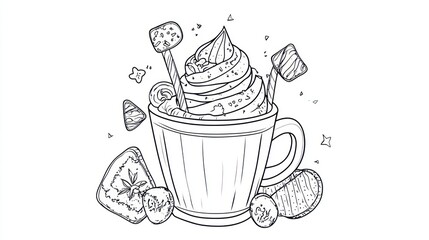 Whipped cream drink, marshmallows, cookies, coloring page, winter beverage