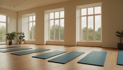 Serene Yoga Studio: A minimalist yoga studio bathed in natural light with wooden floorboards and large windows overlooking lush greenery. The space is inviting and serene.